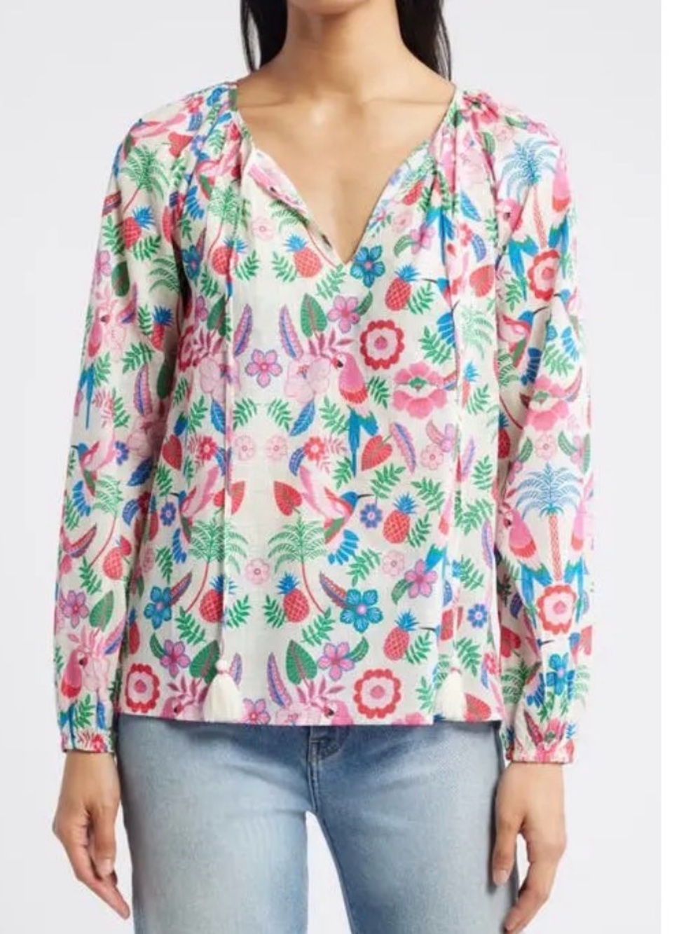Boden Serena Tropical Floral Cotton Tie Neck Top